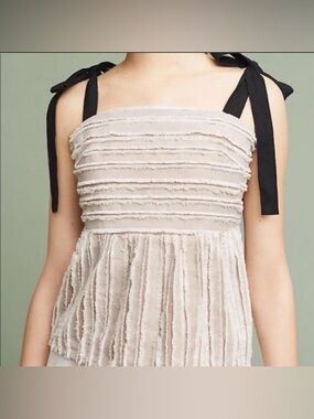 Maeve Cream Textured Ruffle Tank with Black Tie Straps